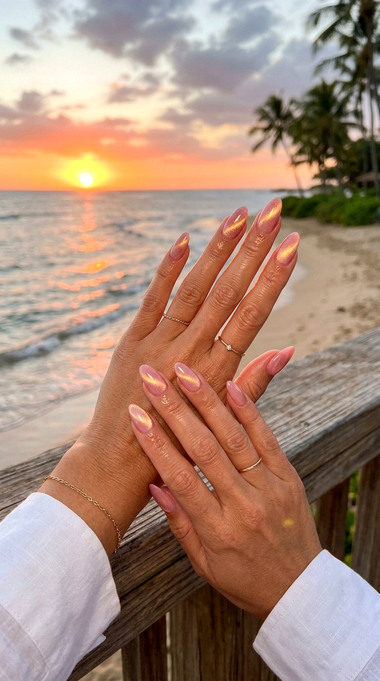 Pink and Gold Sunset Glow - 26 Summer Dual-Tone Magnetic Cat Eye Nails Ideas
