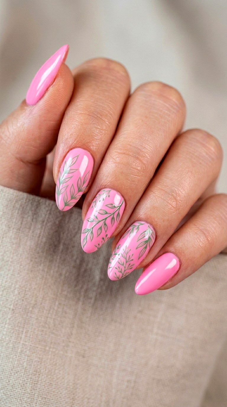 Pink and Green Botanical Art - 22 Pink Spring Acrylic Nails