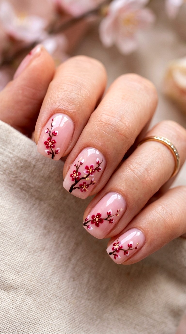 Pink and Red Cherry Blossom Romance - 30 Brunch Spring Two Colored Nails