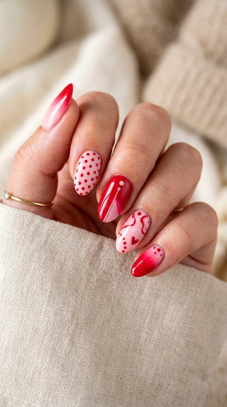 Pink and Red Mismatched Energy - 25 Simple Spring Two Colored Nails
