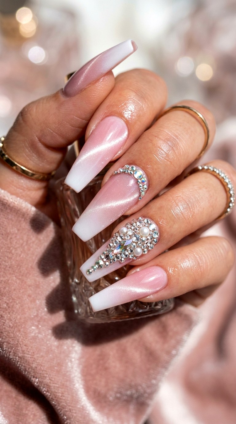Pink and White Cat Eye Nails with Rhinestones - 20 Spring Pink and White Gradient Cat Eye Nails Ideas