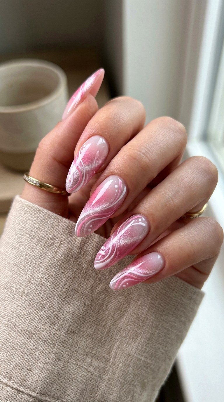 Pink and White Swirl Cat Eye Fusion - 21 Summer Pink and White Gradient Cat Eye Nails Ideas