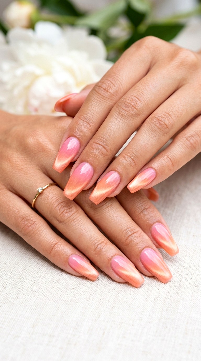 Pink to Peach Glossy Ombre Cat Eye Nails - 24 Summer Ombre Pastel Cat Eye Nails Ideas