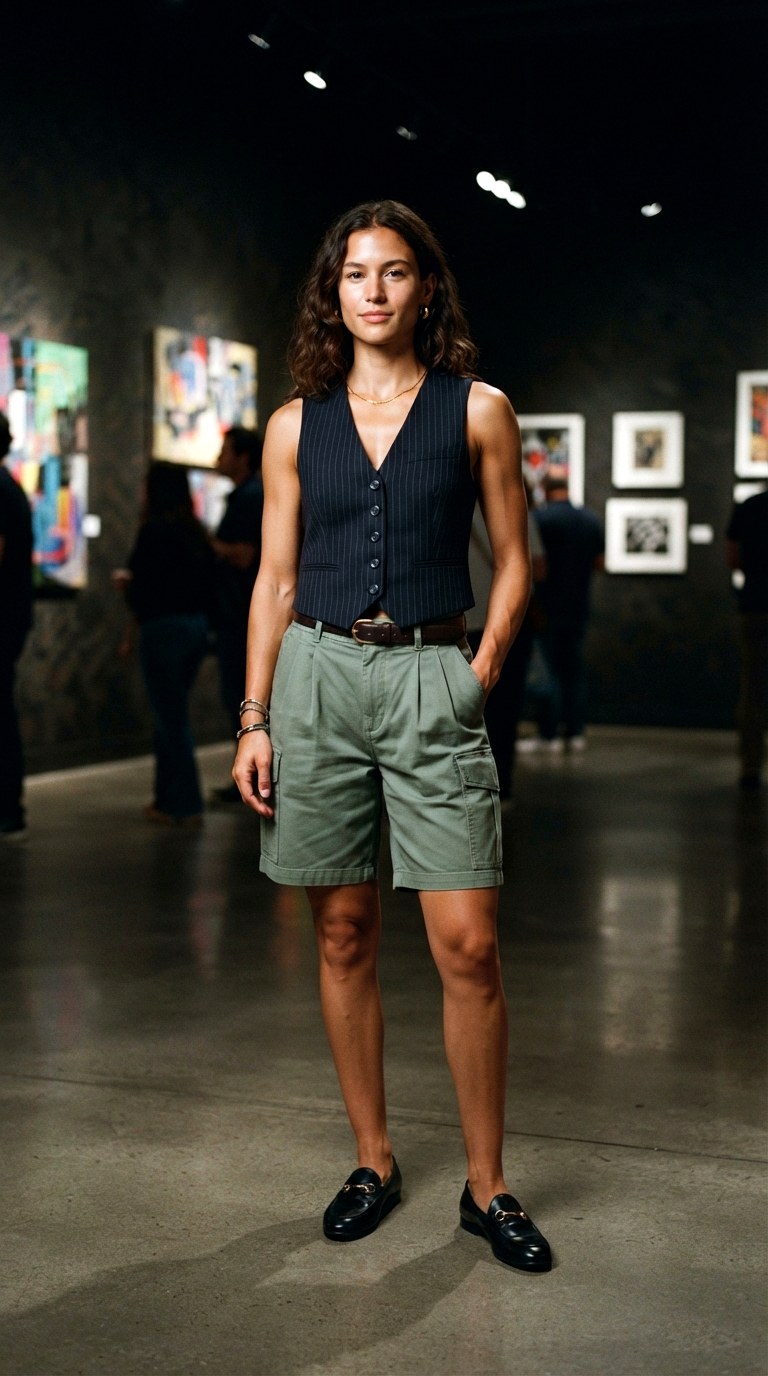 Pinstripe Vest and Loafers With Cargo Shorts - 23 cargo shorts outfit