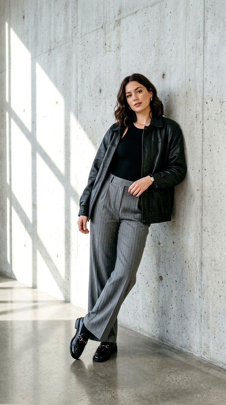 Pinstripe Wide Leg Trousers - 27 oversized leather jacket outfits