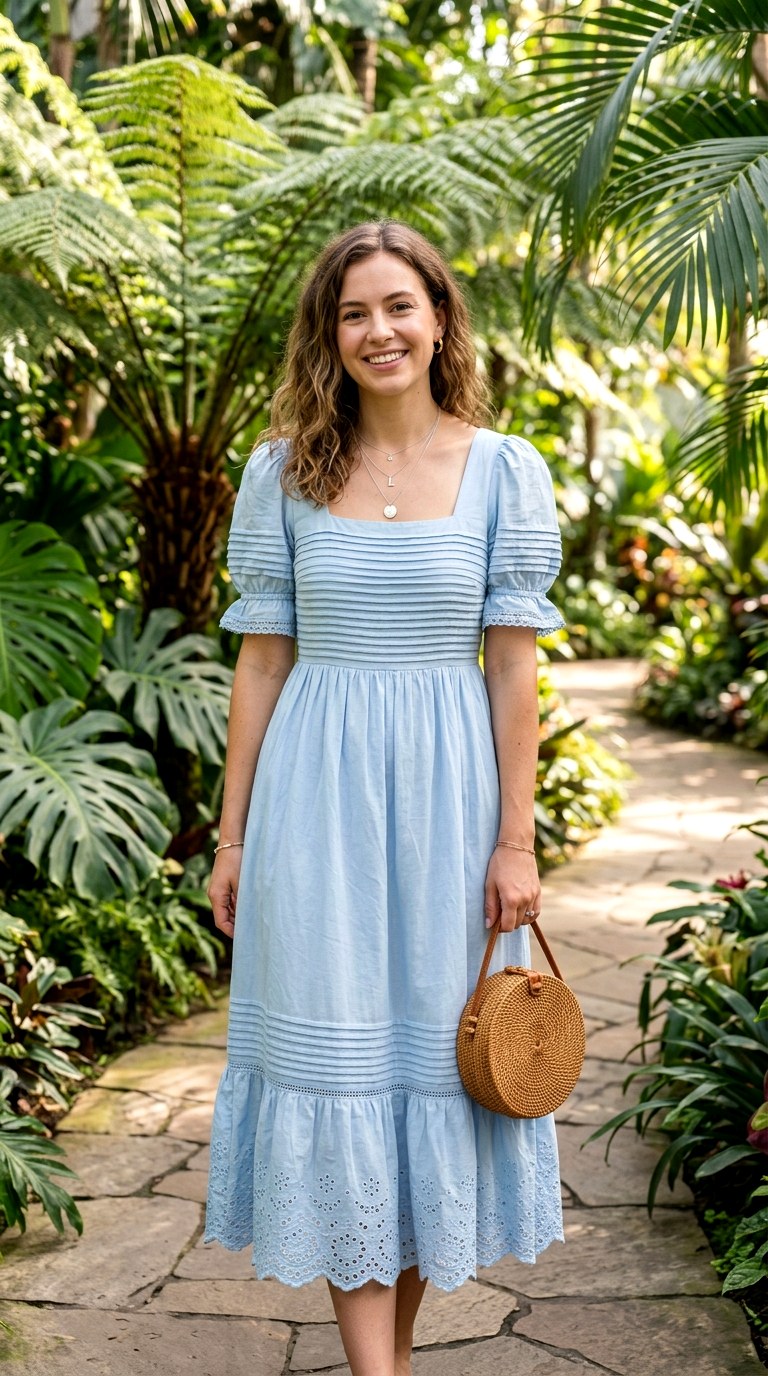 Pintuck Cotton Midi Dress With Puff Sleeves - 22 island vacation outfits