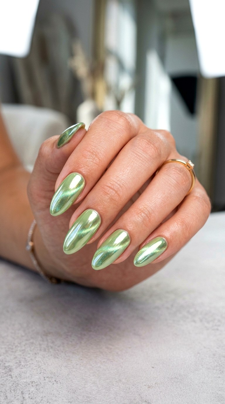 Pistachio Chrome Blend Cat Eye - 23 Summer Soft Green Shimmer Cat Eye Nails Ideas