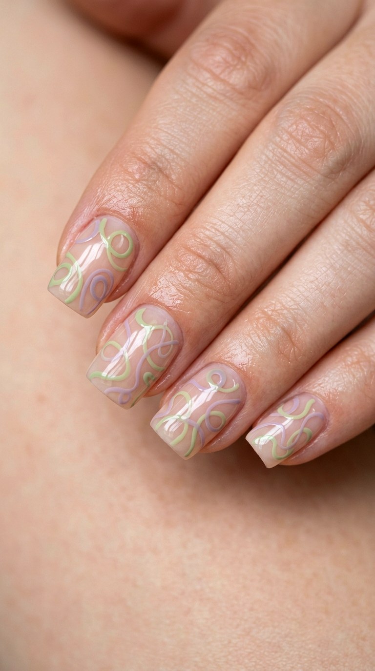 Pistachio Cream and Dusty Lilac Doodles - 20 Abstract Spring Two Colored Nails