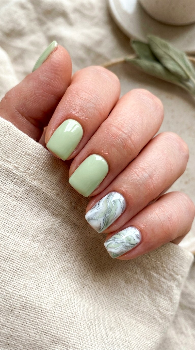 Pistachio Green and Icy White Marble - 30 Brunch Spring Two Colored Nails