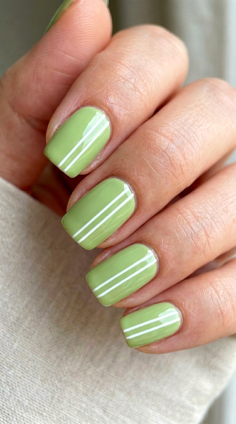 Pistachio Green and White Stripes - 22 Minimalist Spring Two Colored Nails