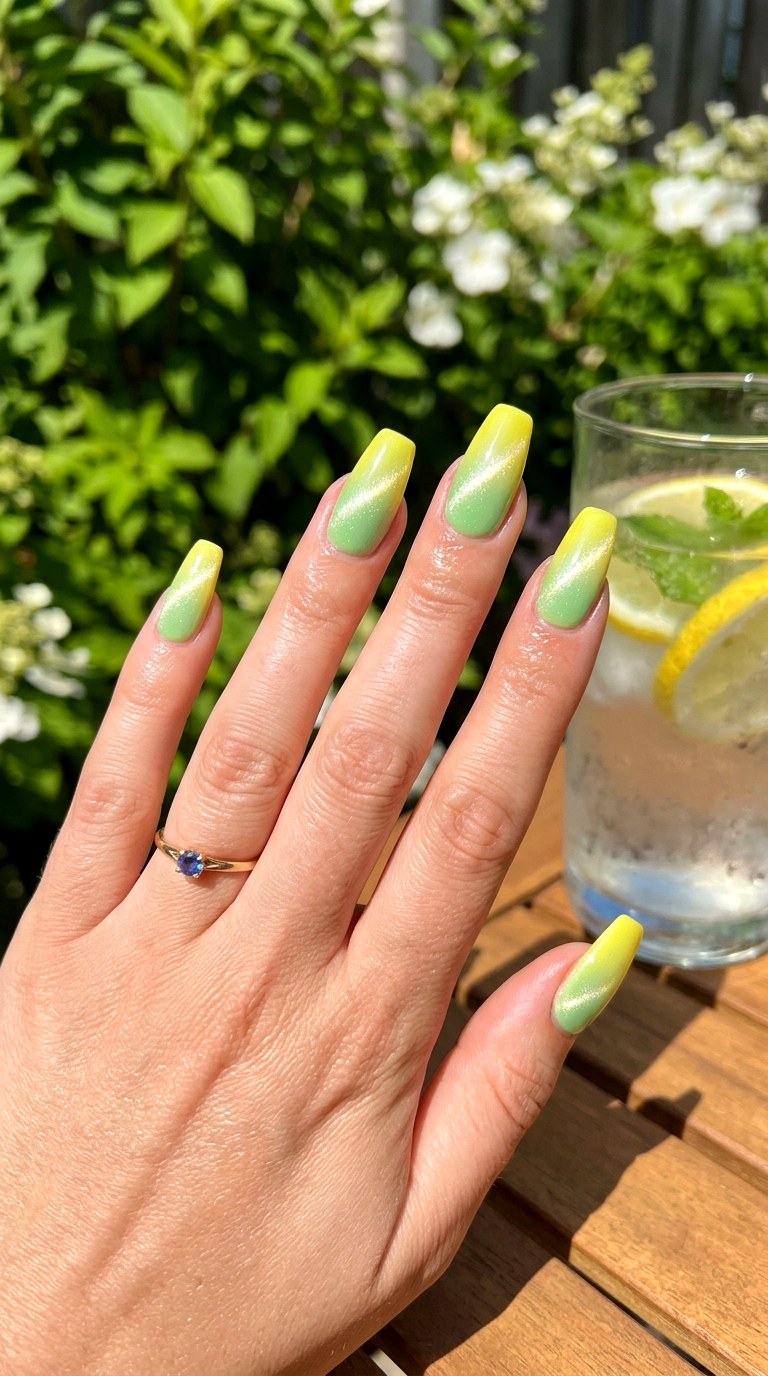 Pistachio Green to Lemon Pastel Cat Eye Nails - 24 Summer Ombre Pastel Cat Eye Nails Ideas