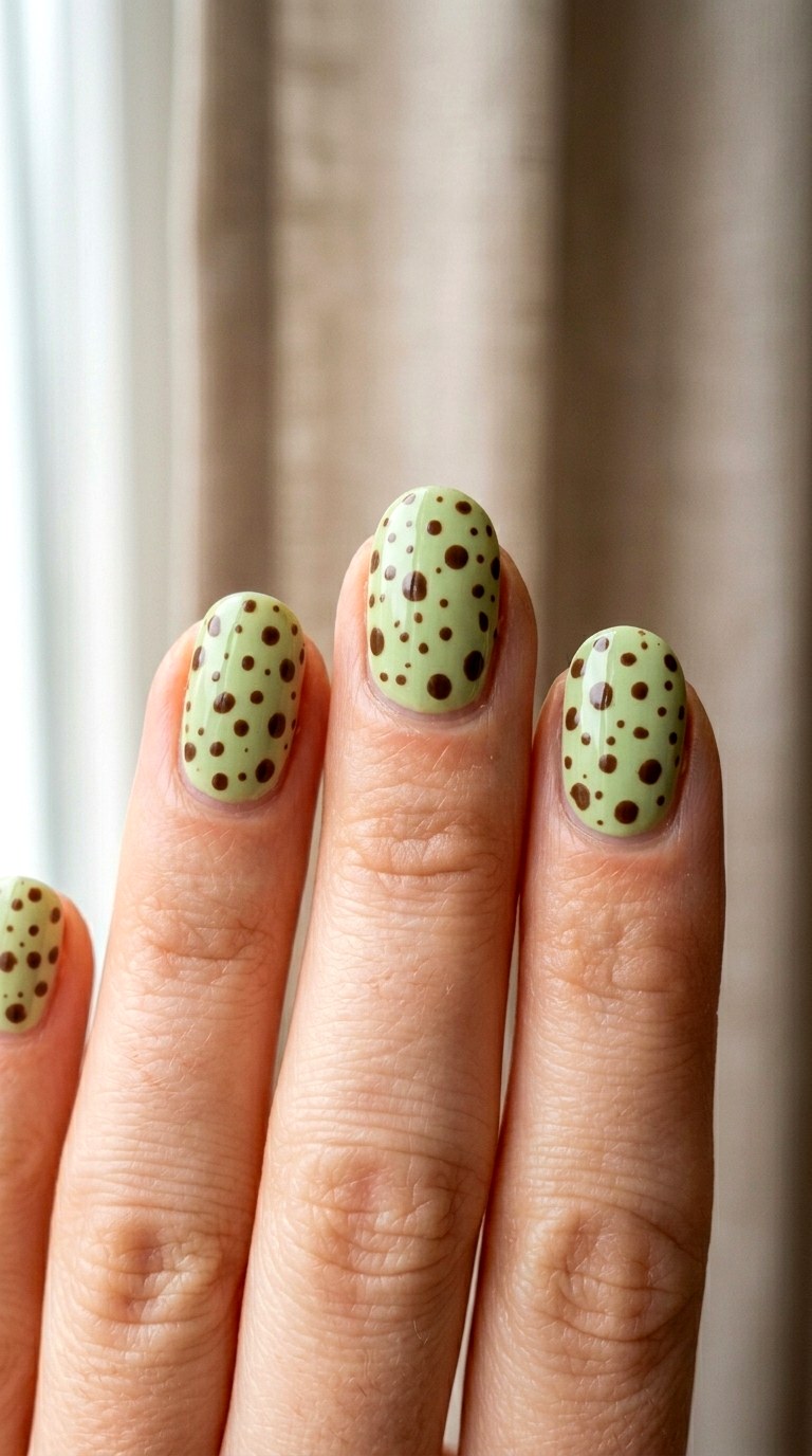 Pistachio Green with Brown Contrast Dots - 23 Contrast Spring Colorful Junk Nails