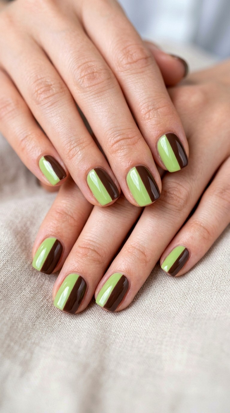 Pistachio and Chocolate Brown Color Block - 27 Chic Spring Two Colored Nails