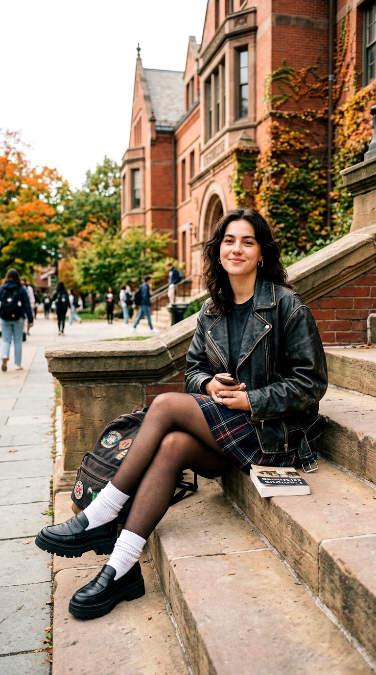 Plaid Mini Skirt and Sheer Tights - 27 oversized leather jacket outfits