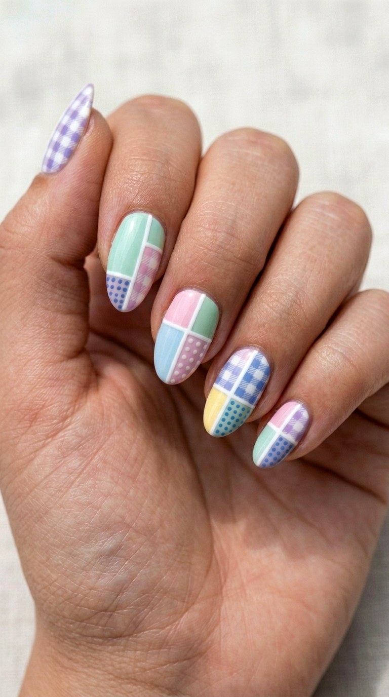 Plaid Pastel Patchwork Nail - 27 Picnic Spring Multicolor Nails