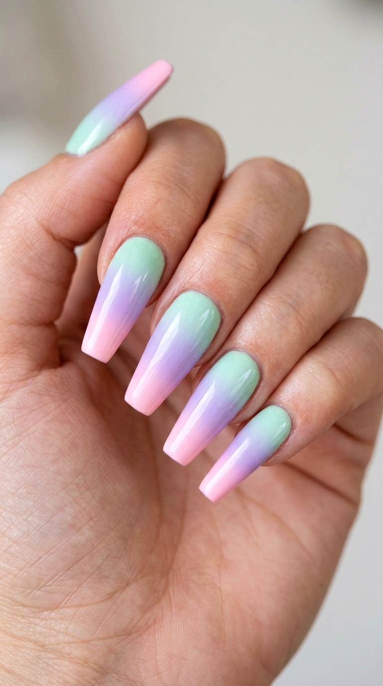 Playful Pastel Rainbow Ombre Coffin Nails - 22 Bright Spring Multicolor Acrylic Nails