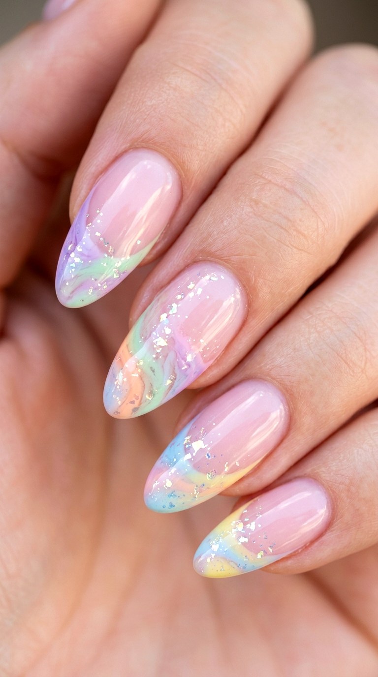 Playful Pastel Rainbow Swirl Tips - 20 Sunny Spring Multicolor Acrylic Nails