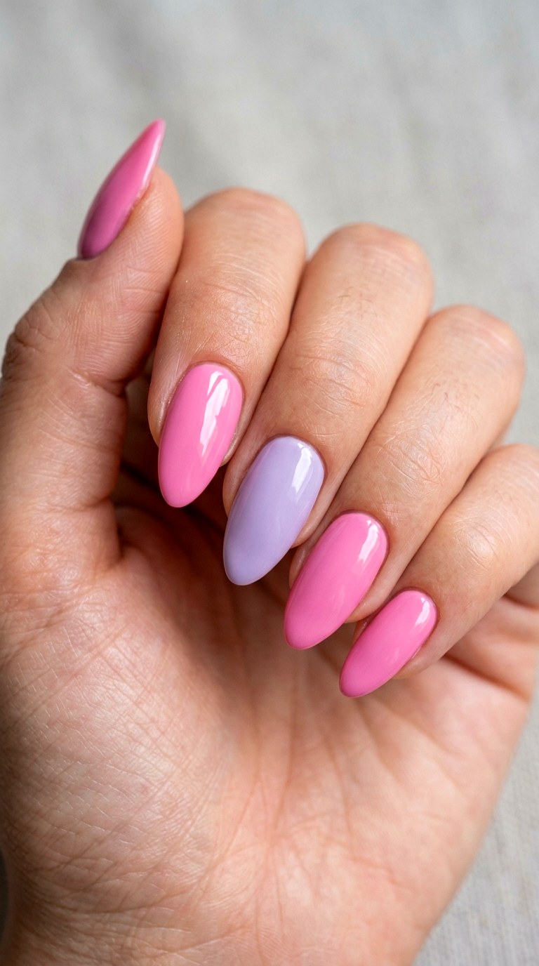 Playful Pink and Purple Alternating Almond Nails - 22 Bright Spring Multicolor Acrylic Nails