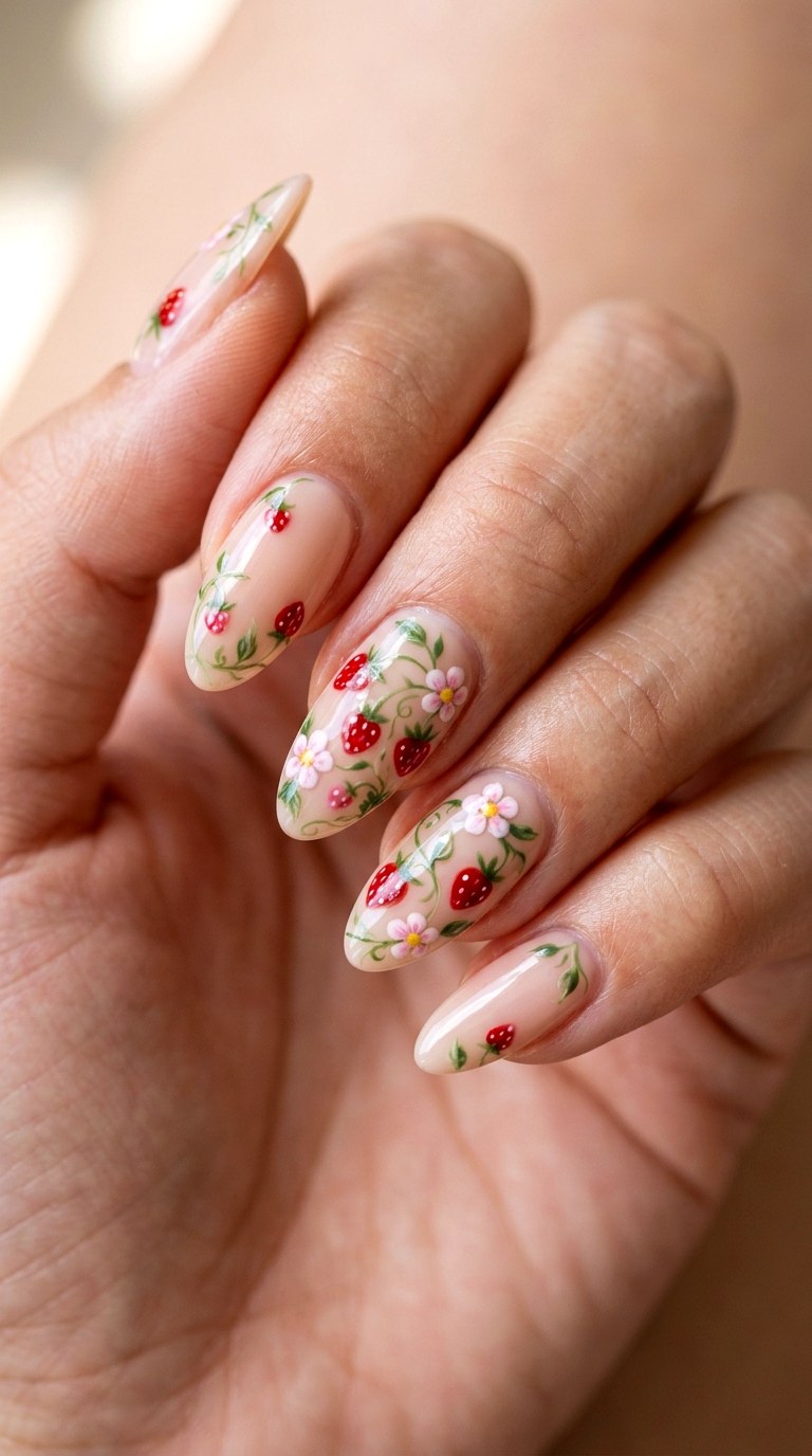Playful Strawberry Garden Acrylic Nails - 26 Early Spring Multicolor Acrylic Nails