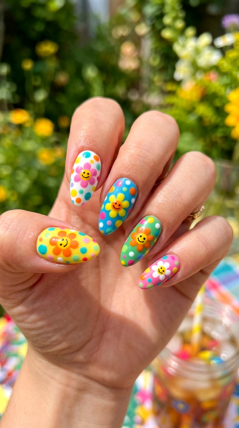 Polka Dot Flower Fun - 20 Summer Happy Flower Cartoon Nails Ideas