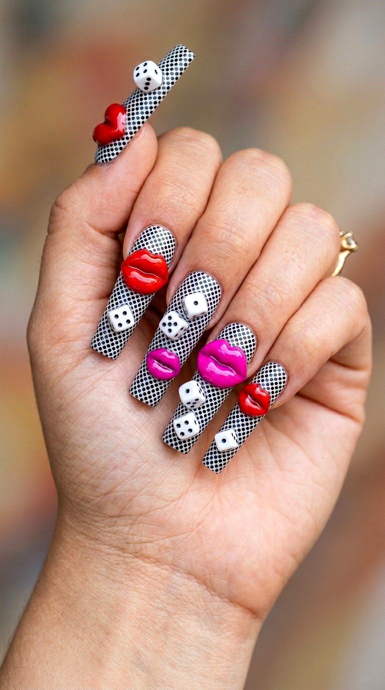 Pop Art Lips and Dice - 29 Maximalist Spring Colorful Junk Nails