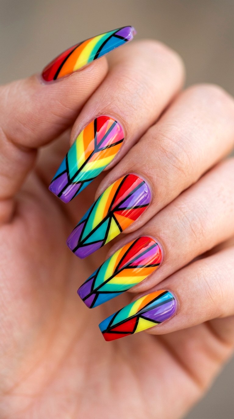 Precision Color Block Geometry - 26 Rainbow Spring Multicolor Acrylic Nails