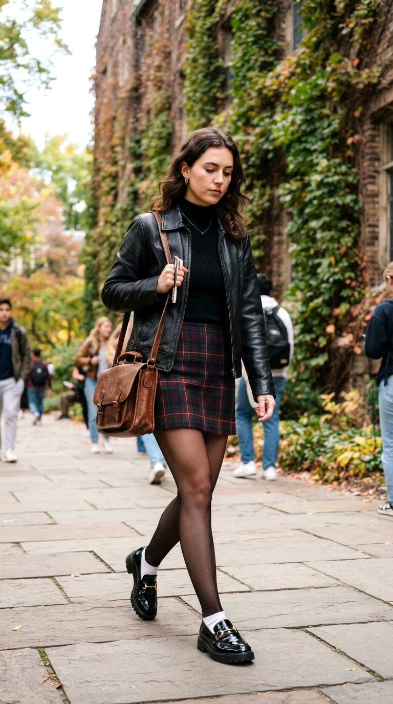 Preppy Mini Skirt Edge - 29 leather jacket outfit