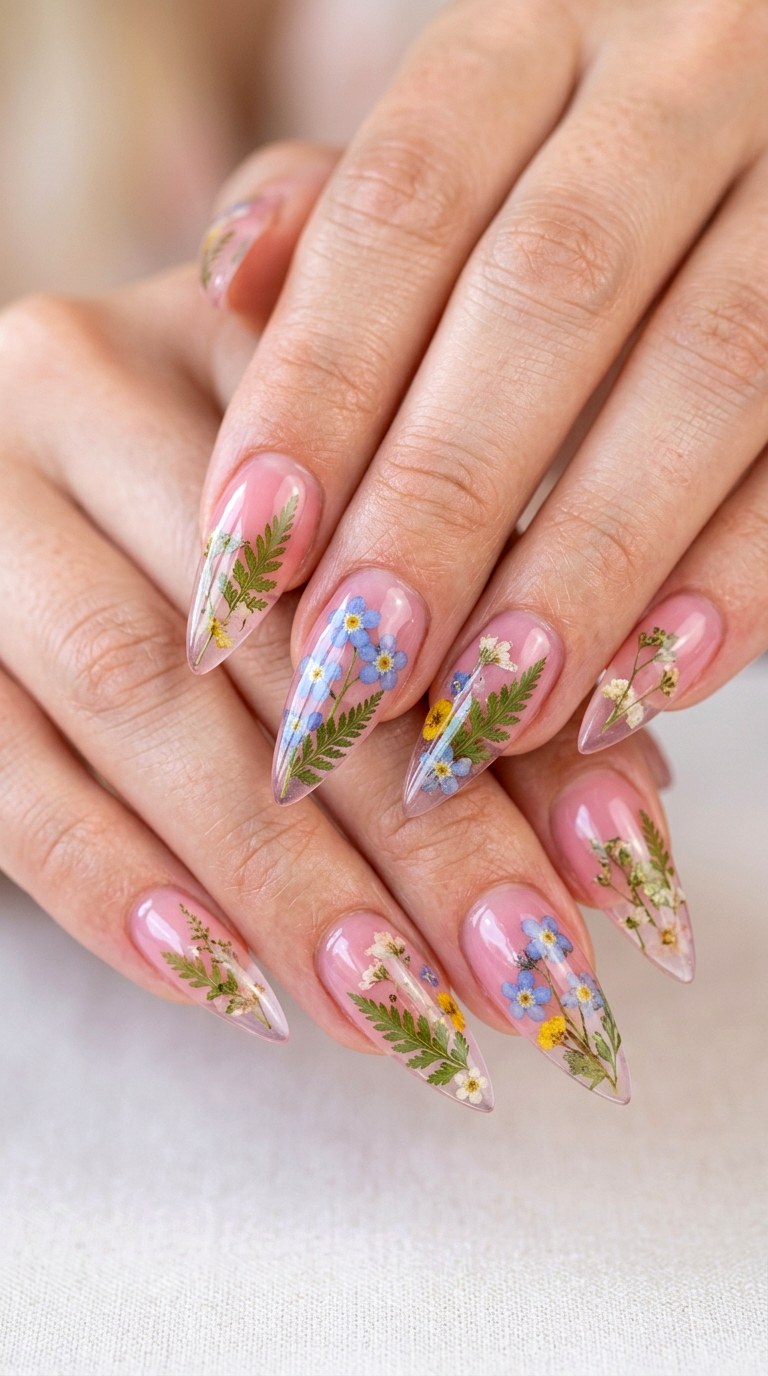 Pressed Wildflower Transparency - 28 Botanical Spring Stiletto Nails