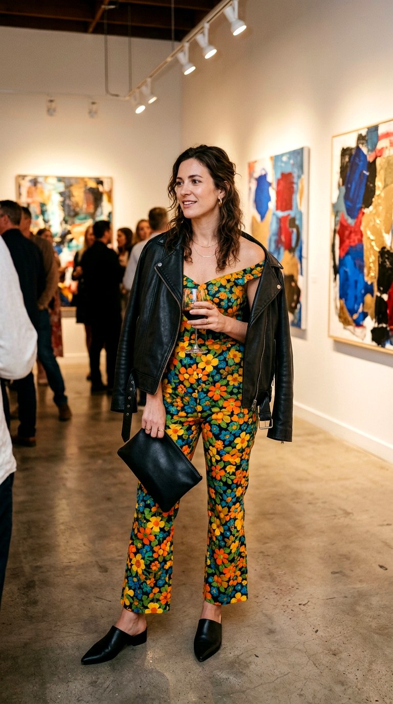 Printed Jumpsuit One and Done - 27 oversized leather jacket outfits