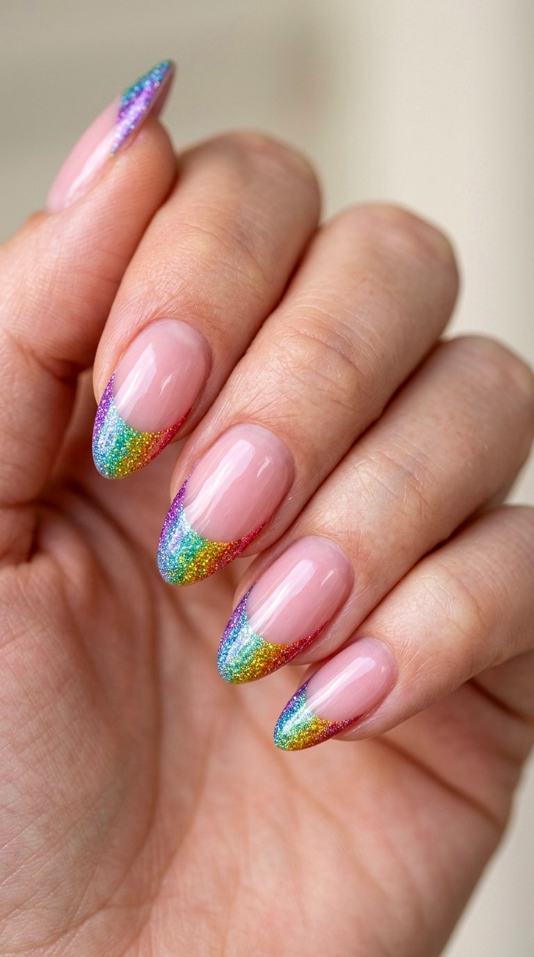 Prismatic French Tip Reinvention - 26 Rainbow Spring Multicolor Acrylic Nails