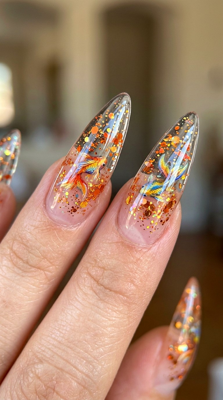 Psychedelic Goldfish Glass - 21 Edgy Spring Stiletto Nails