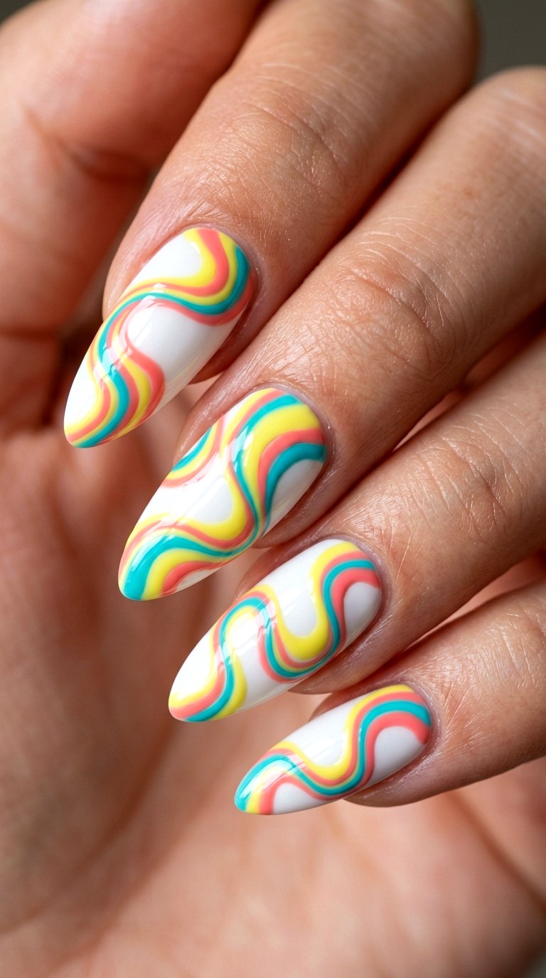 Psychedelic Retro Wave Abstract Nails - 20 Sunny Spring Multicolor Acrylic Nails
