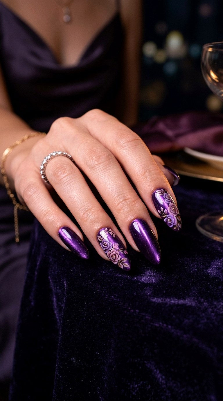Purple Cat Eye Nails with Rose Patterns - 25 Summer Floral Cat Eye Nails Ideas