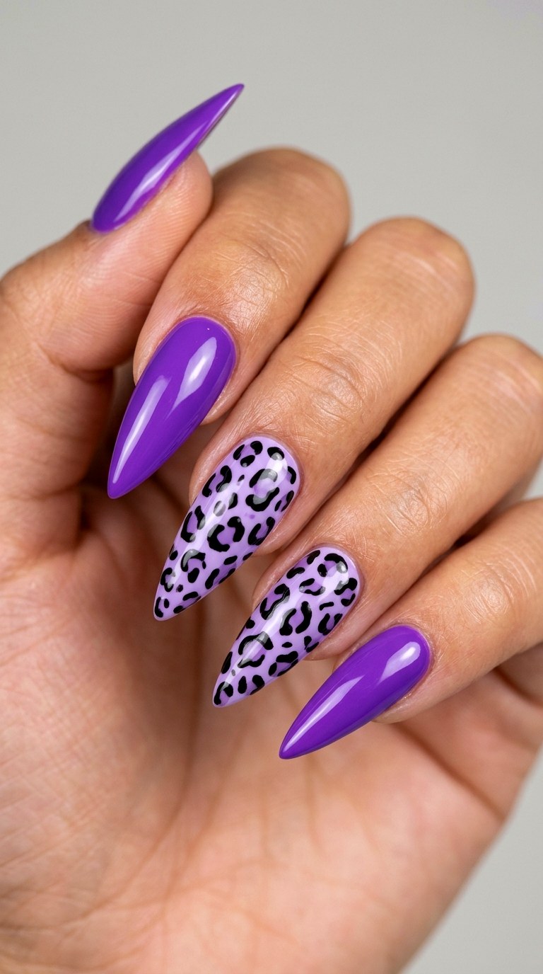 Purple Leopard Print Energy - 28 Sharp Spring Stiletto Nails