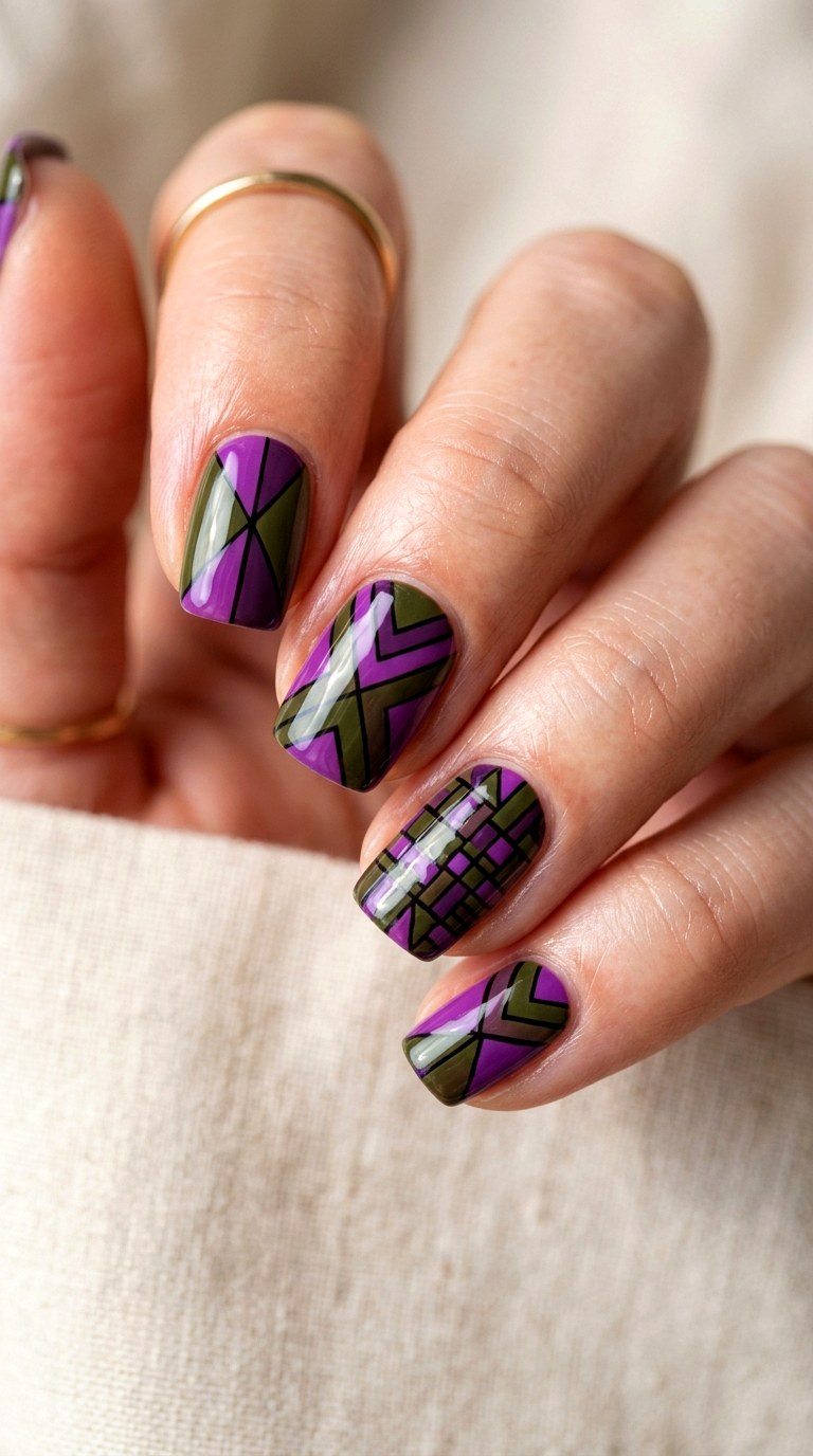 Purple Orchid and Olive Green Blocking - 30 Brunch Spring Two Colored Nails