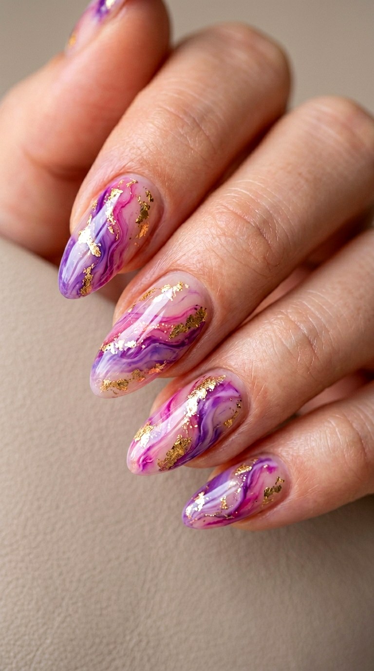 Purple and Pink Marble with Gold Foil - 21 Unique Spring Multicolor Acrylic Nails