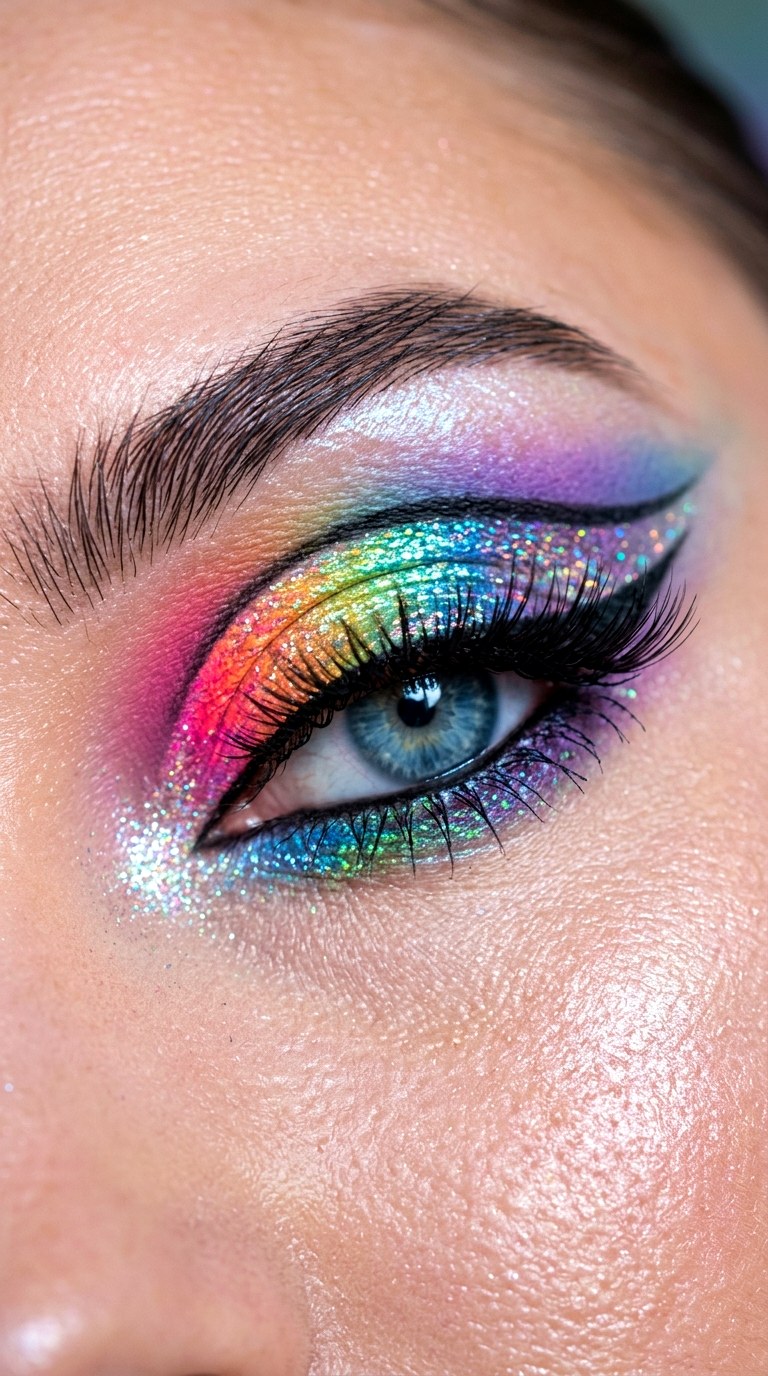 Rainbow Chrome Cut Crease - 24 Holographic Sparkle Eye Makeup for Night Parties
