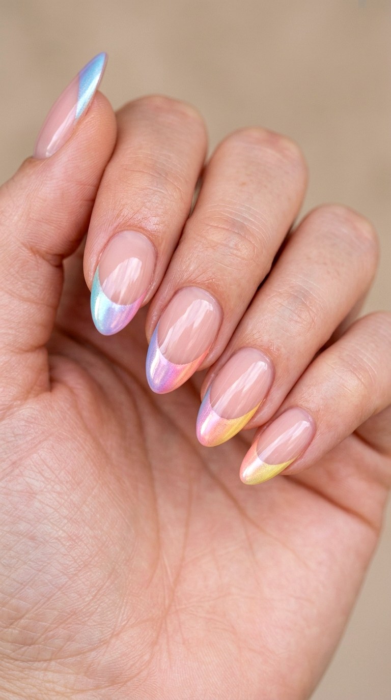 Rainbow Chrome Tips on Nude Base - 30 pastel spring ombre nails