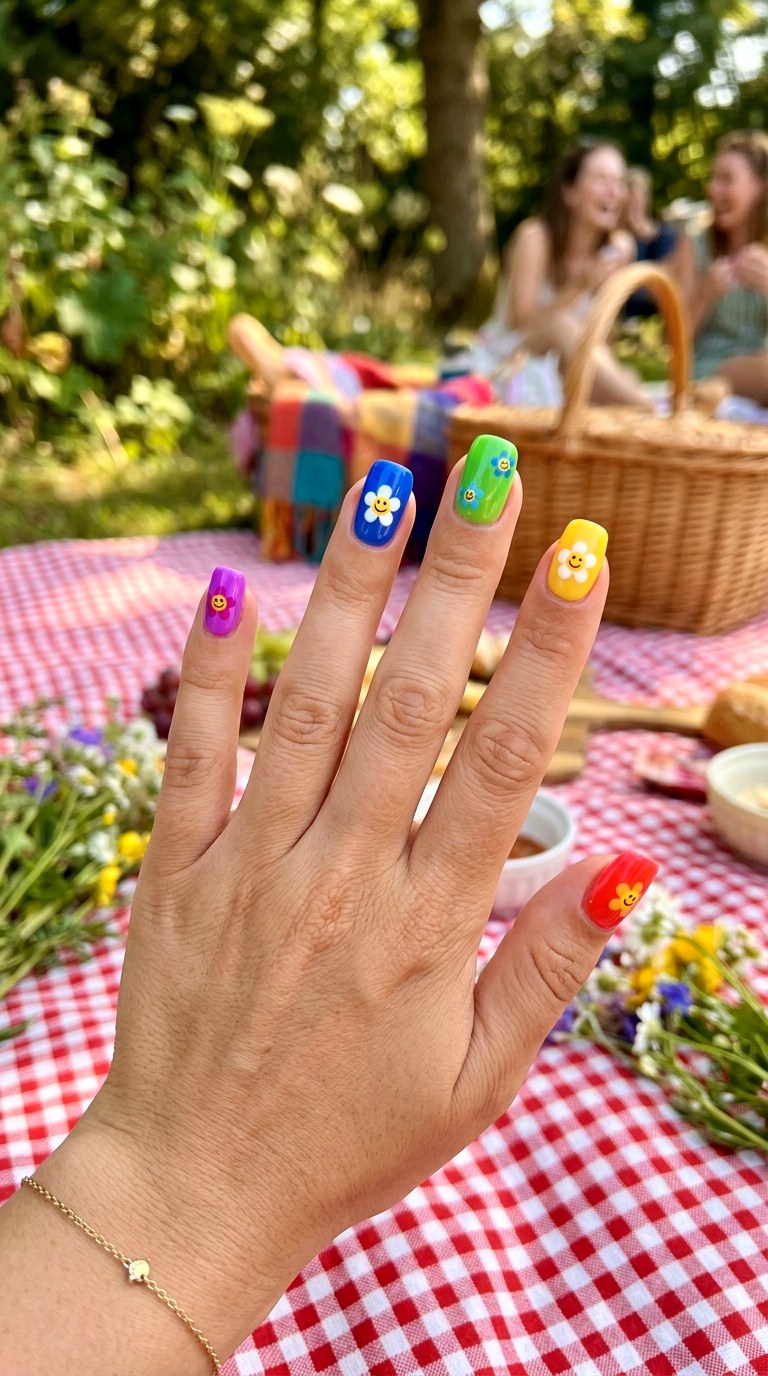 Rainbow Happy Flower Nails - 20 Summer Happy Flower Cartoon Nails Ideas