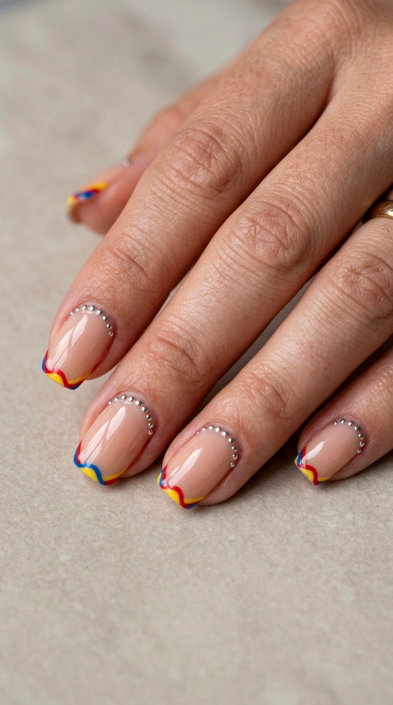 Rainbow Micro French with Studded Cuticle - 26 Creative Spring Colorful Junk Nails