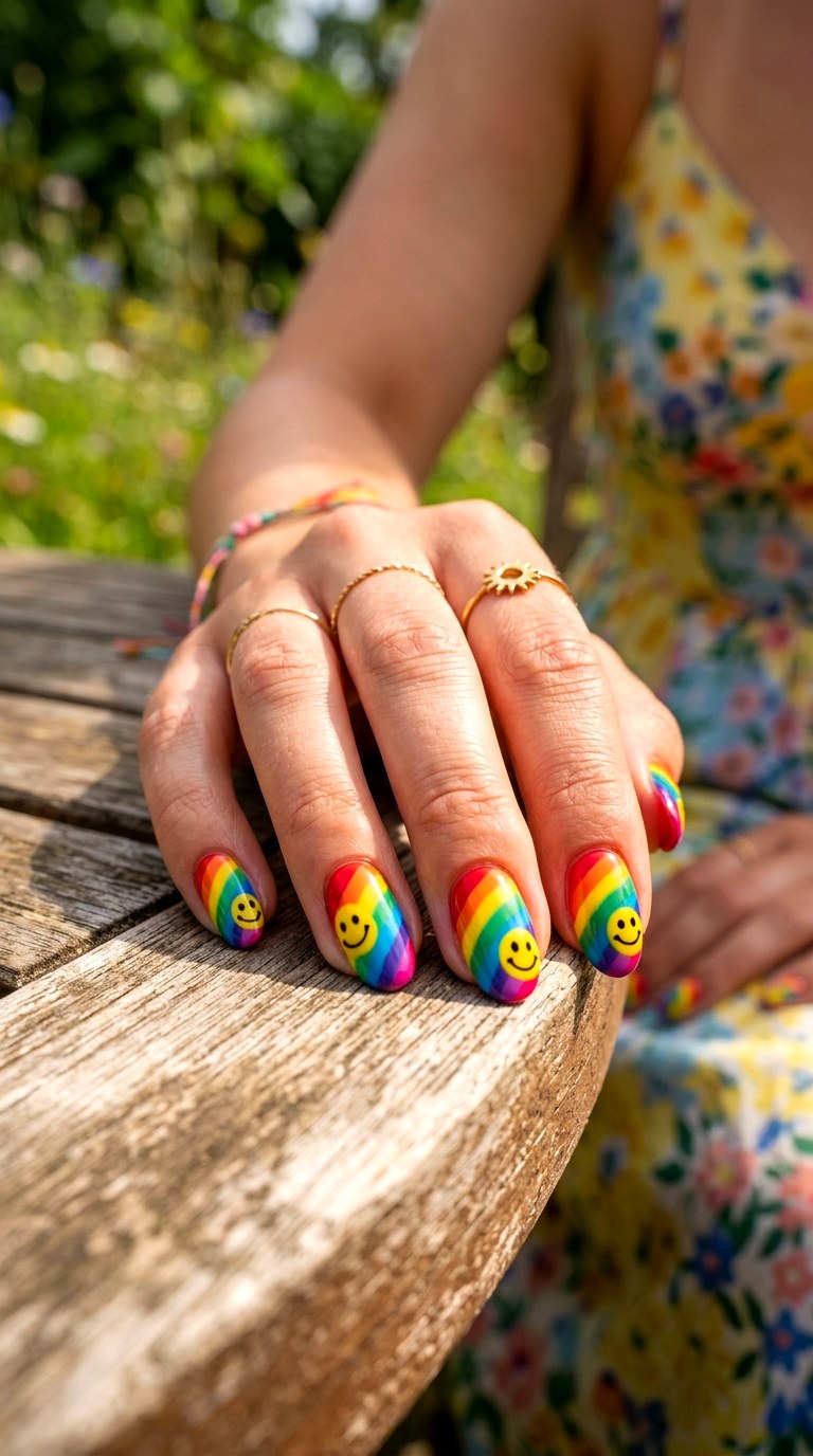 Rainbow Smiley Nails - 20 Summer Smiley Face Cartoon Nails Ideas
