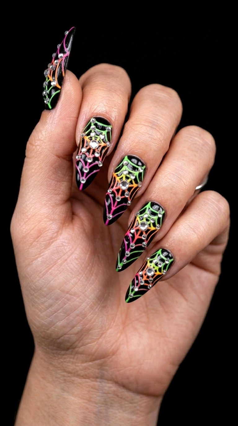 Rainbow Spiderweb with Dewdrop Jewels - 23 Whimsical Spring Colorful Junk Nails