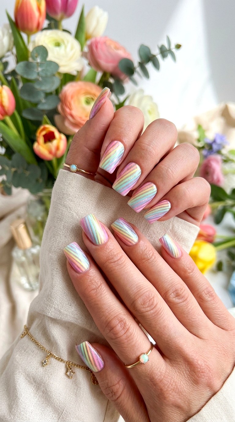 Rainbow Stripe Cat Eye Nails - 20 Spring Pastel Rainbow Cat Eye Nails Ideas