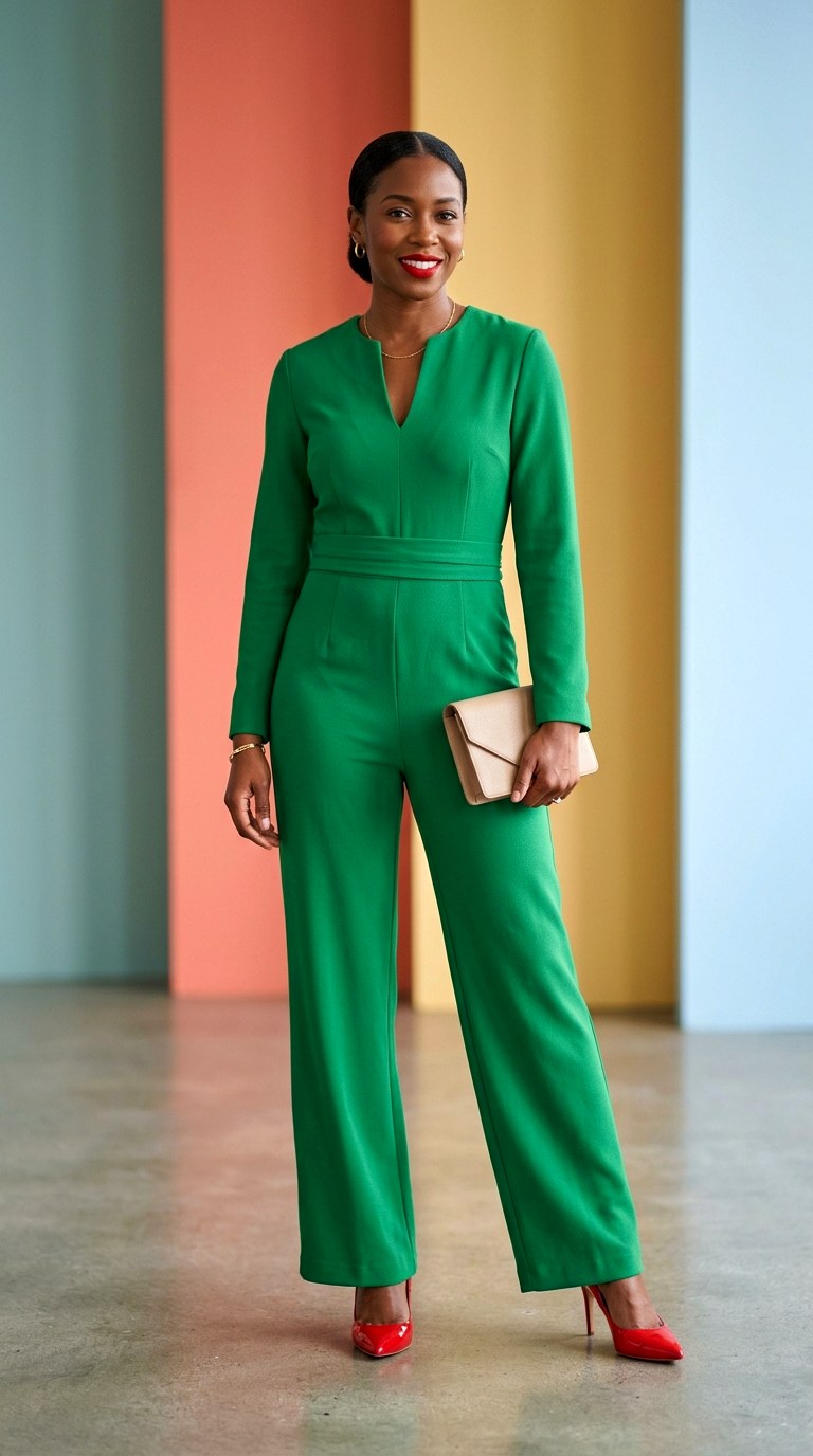 Red Pointed Pumps Color Block - 28 green jumpsuit outfit