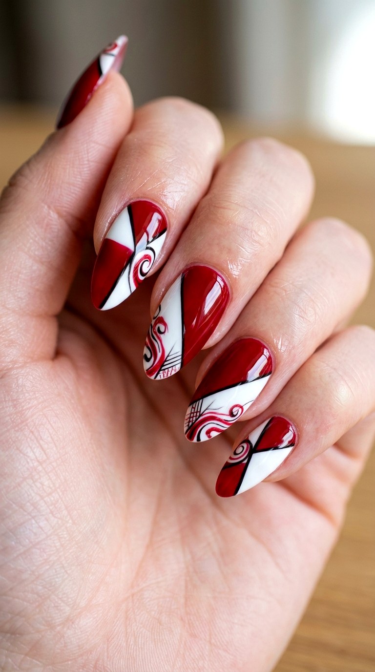 Red and White Almond Swirl Color Blocking - 22 Bright Spring Multicolor Acrylic Nails