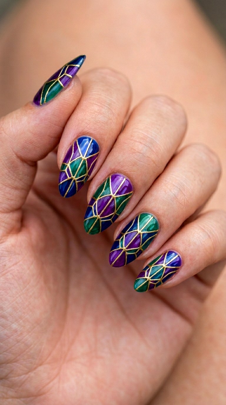 Regal Jewel Tones With Gold Inlay - 26 Early Spring Multicolor Acrylic Nails