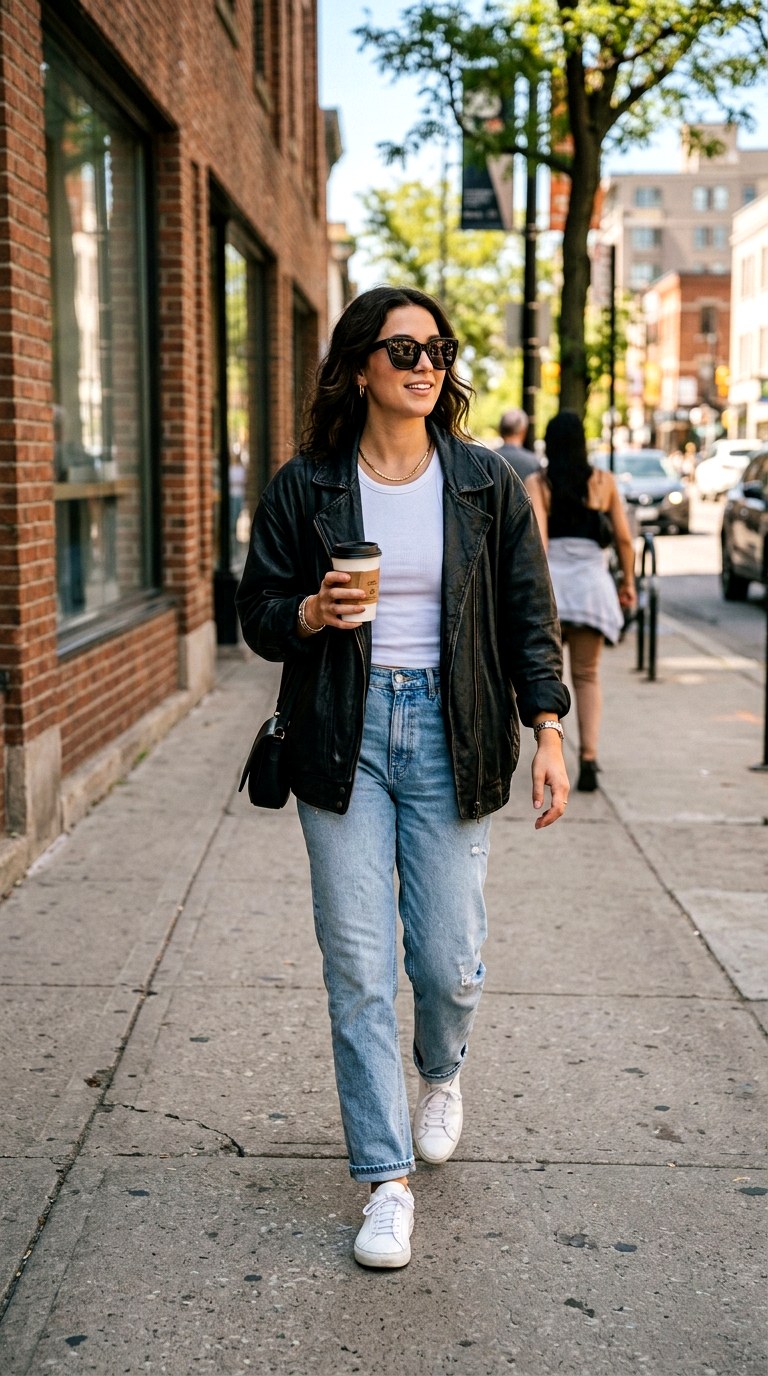 Relaxed Denim and a White Tank - 27 oversized leather jacket outfits
