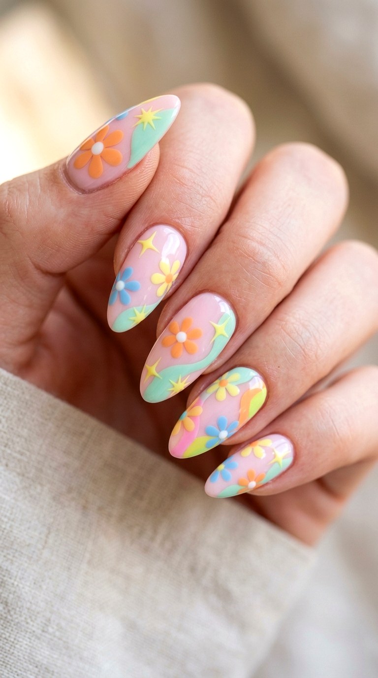 Retro s Groove Almond Block Nails - 29 Festive Spring Multicolor Acrylic Nails