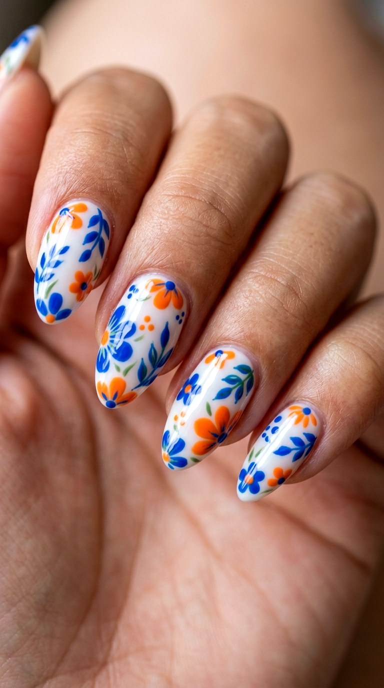 Retro Blue and Orange Floral Pop - 28 Gorgeous Spring Color Street Nails