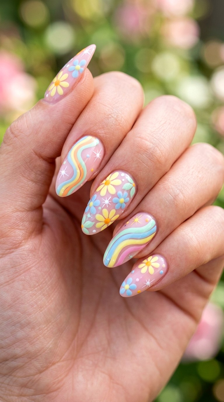 Retro Pastel Garden Rainbow - 21 Unique Spring Multicolor Acrylic Nails